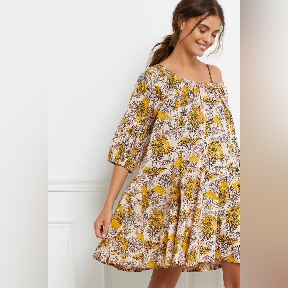 Daily Practice Floral Off-Shoulder Dress in Yellow and Cream